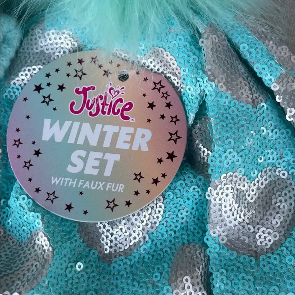 Justice Aqua Beanie Hat and Gloves Set with Silver Hearts NEW